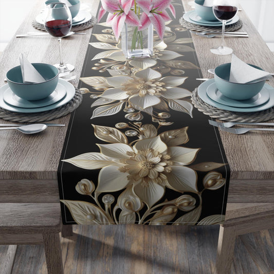 Poinsettia Table Runner - Elegant White Gold Christmas Table Decor & Dining Accent