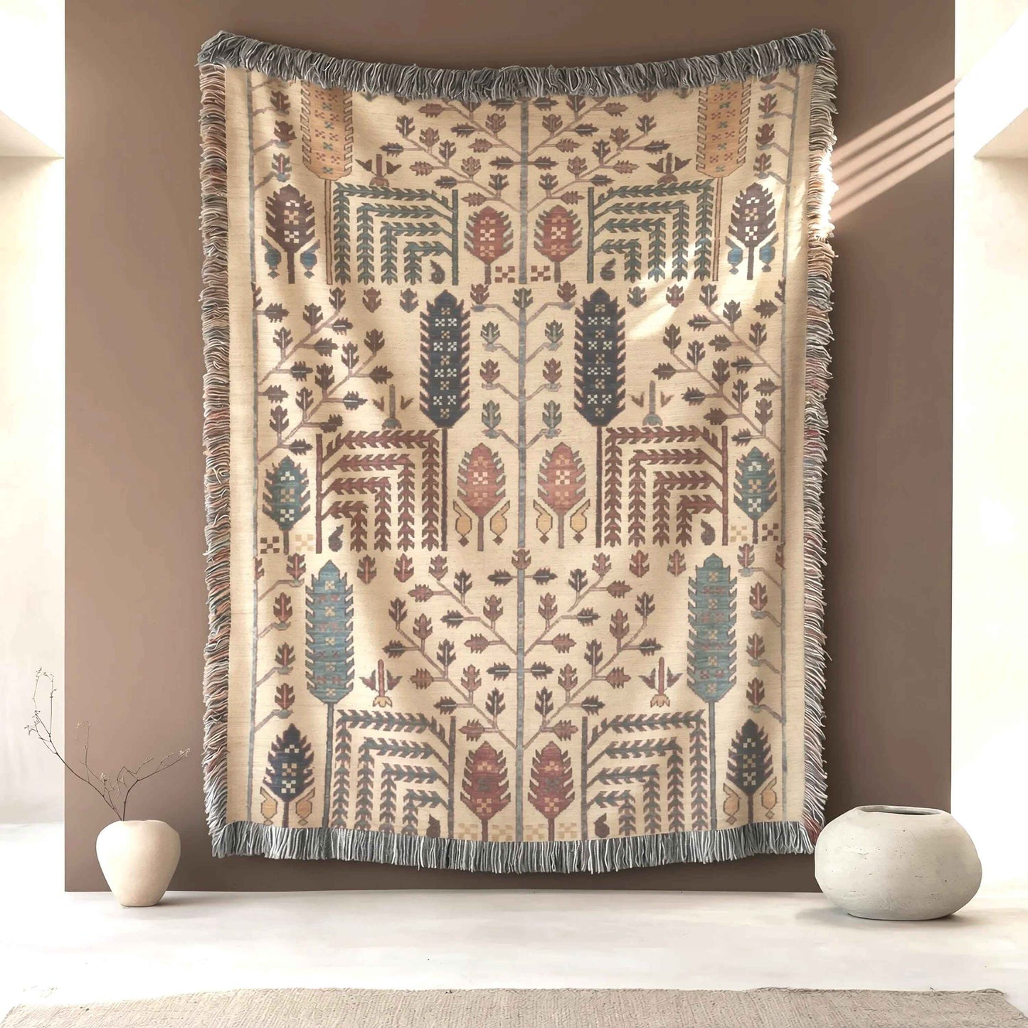 Caucasian Rug Inspired woven wall tapestry with geometric pattern styled as textile wall decor