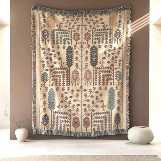 Caucasian Rug Inspired woven wall tapestry with geometric pattern styled as textile wall decor