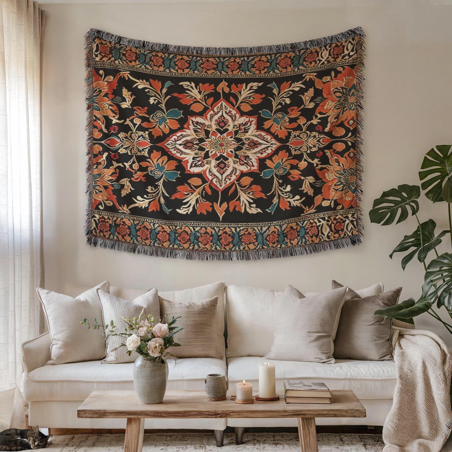 Anatolian Inspired woven wall tapestry with rug-style pattern styled as textile wall decor