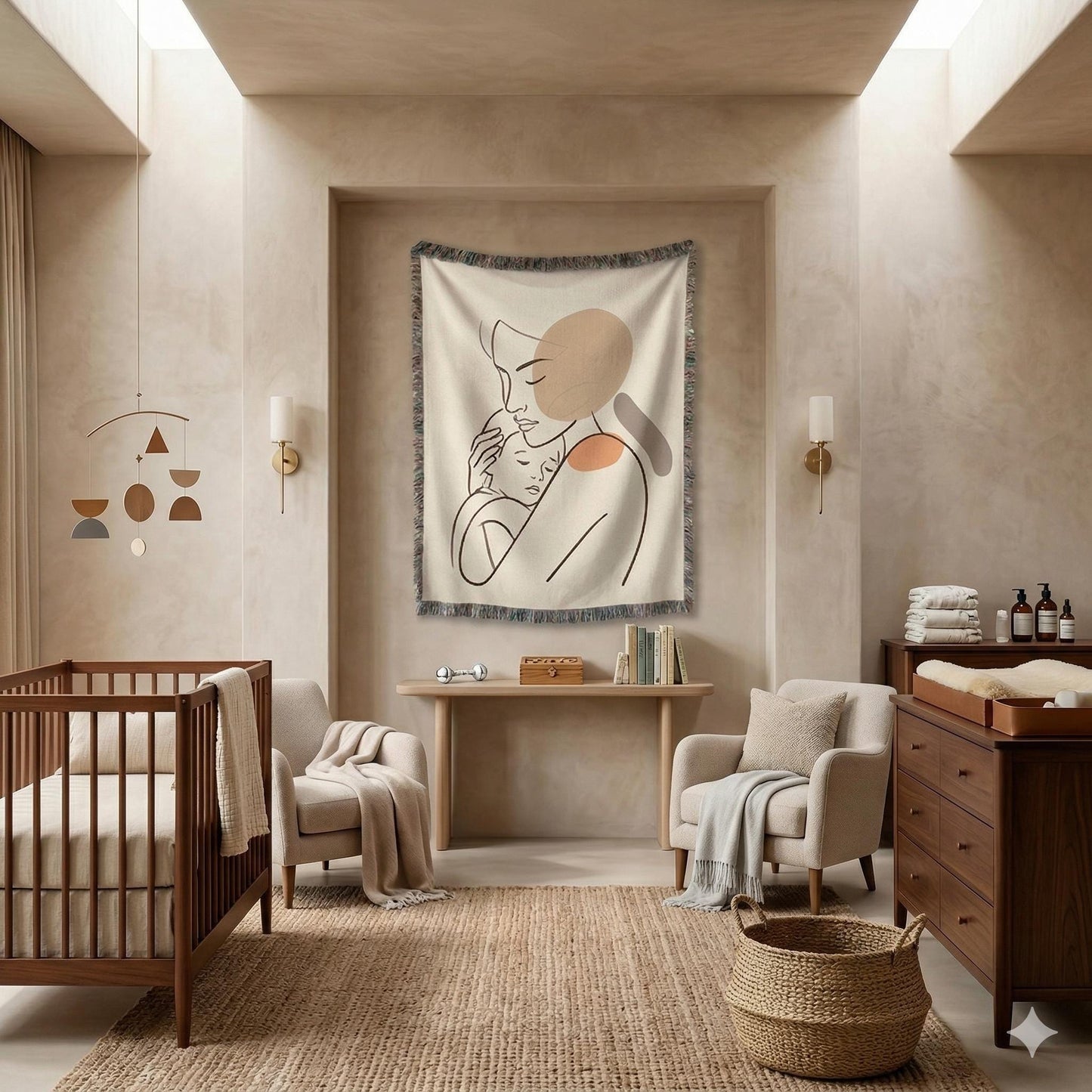 Modern Geometric woven wall tapestry with geometric pattern styled as textile wall decor