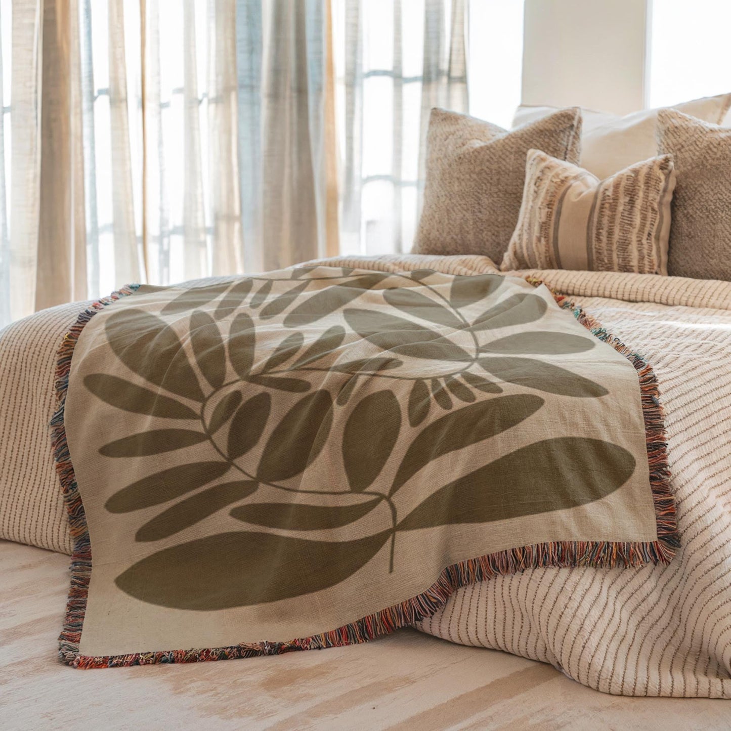 Woven Bedroom Blanket - Mid Century Modern Throw With Scandi Leaves Pattern | Cozy Home Decor