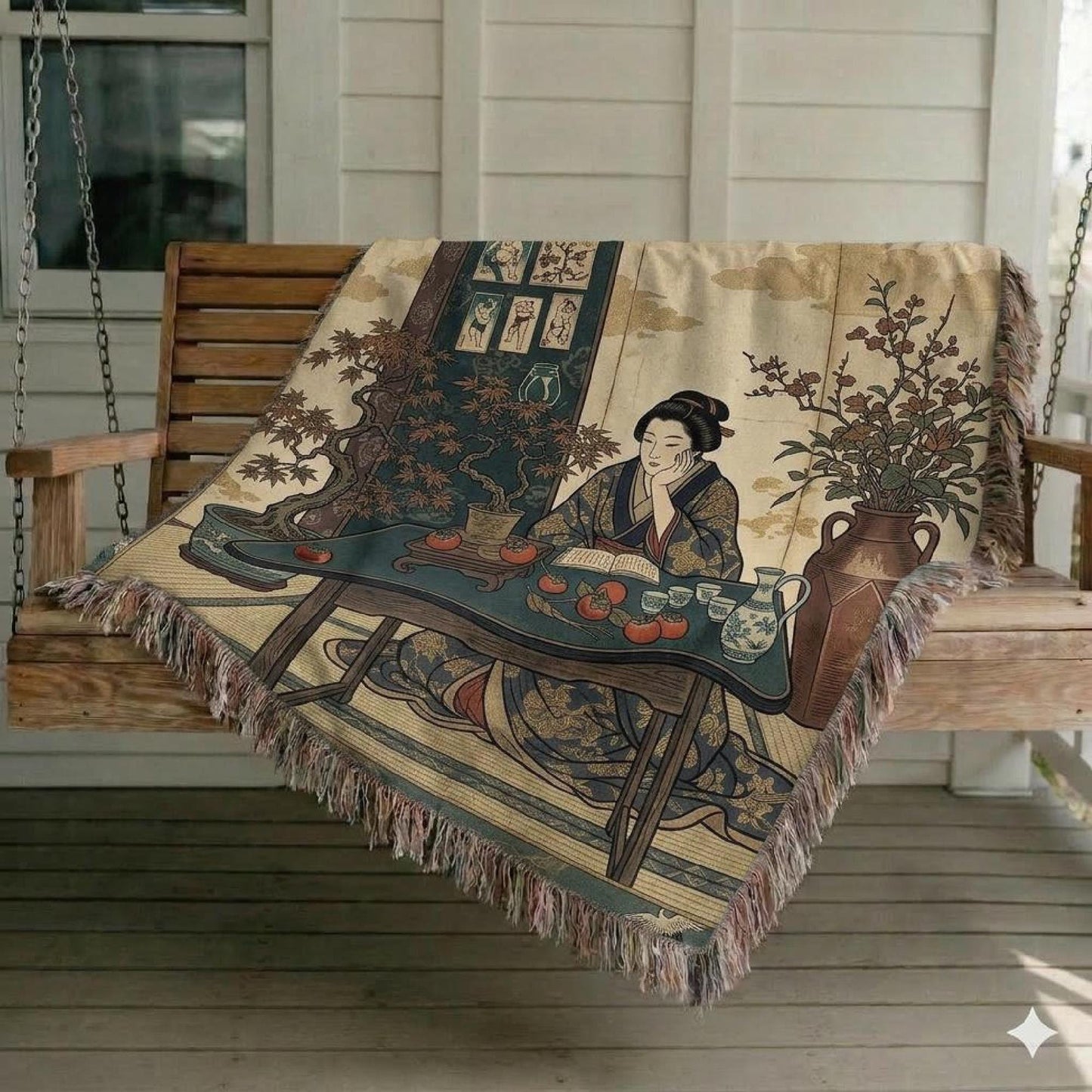 Boho woven blanket with woven pattern styled for layered home decor