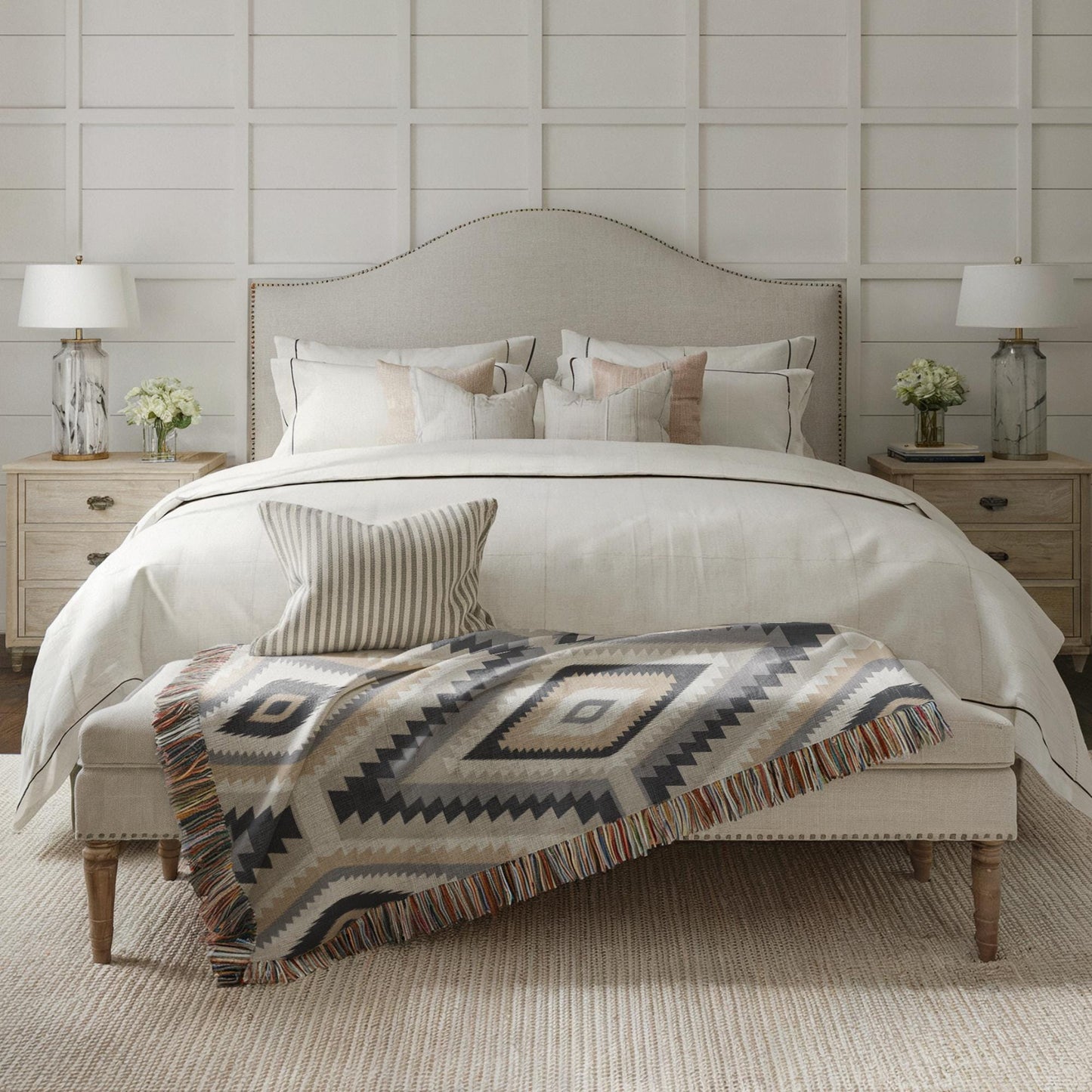 Southwestern woven blanket with geometric pattern styled for layered home decor