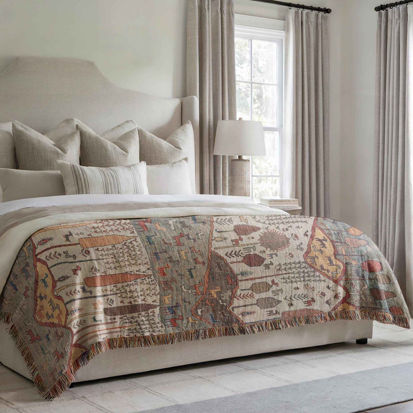 Modern Geometric woven blanket with geometric pattern styled for layered home decor