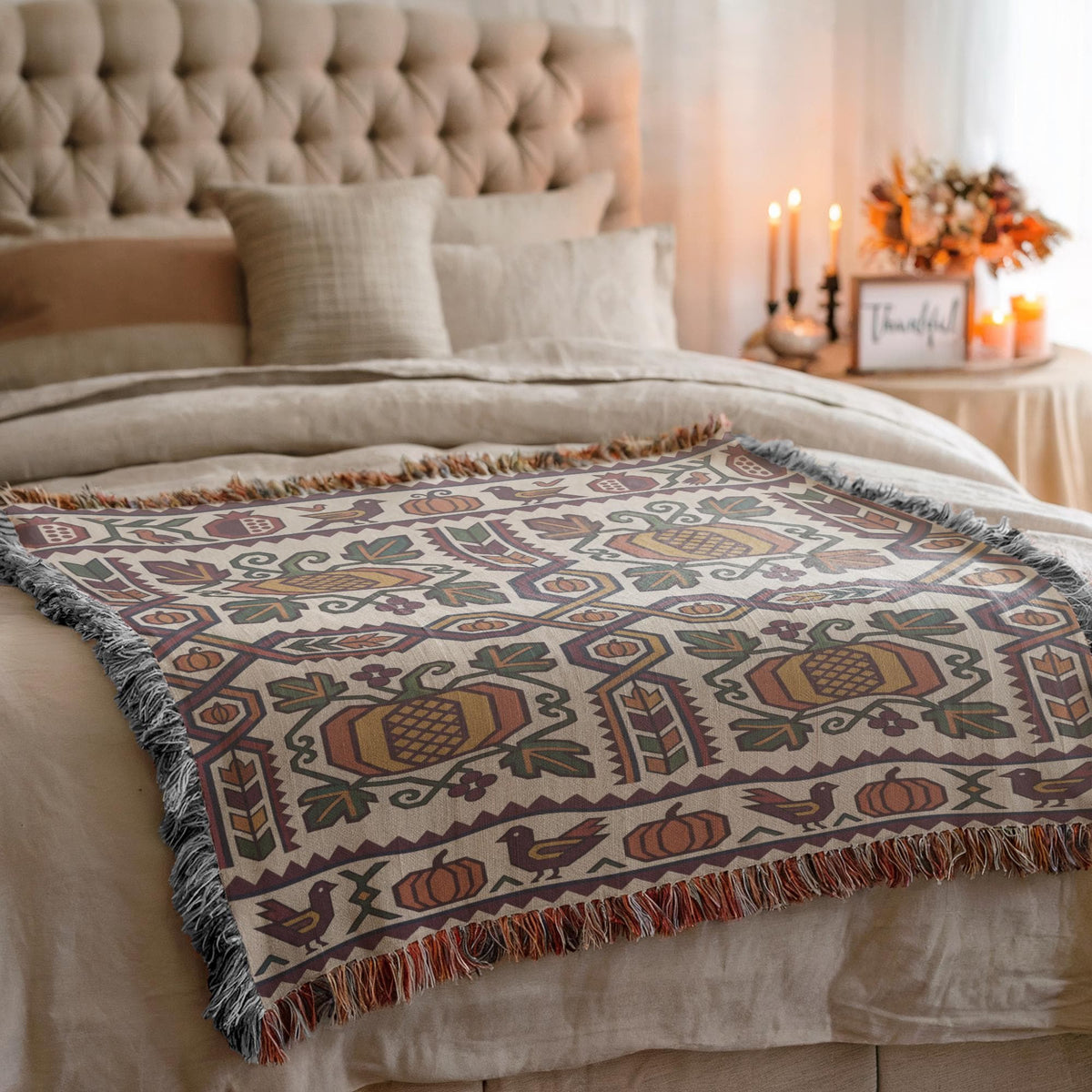 Geometric Armenian woven blanket layered on a bed with a tufted headboard