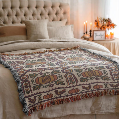 Geometric Armenian woven blanket layered on a bed with a tufted headboard