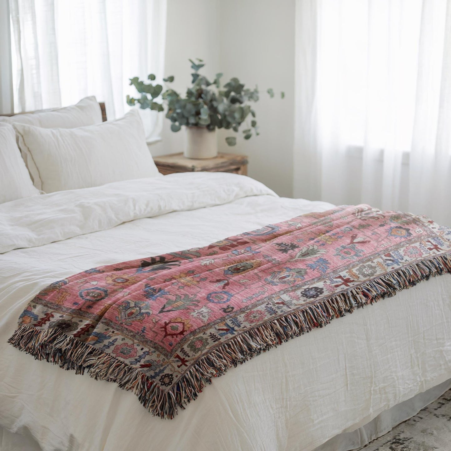 Anatolian Inspired woven blanket with rug-style pattern styled for layered home decor