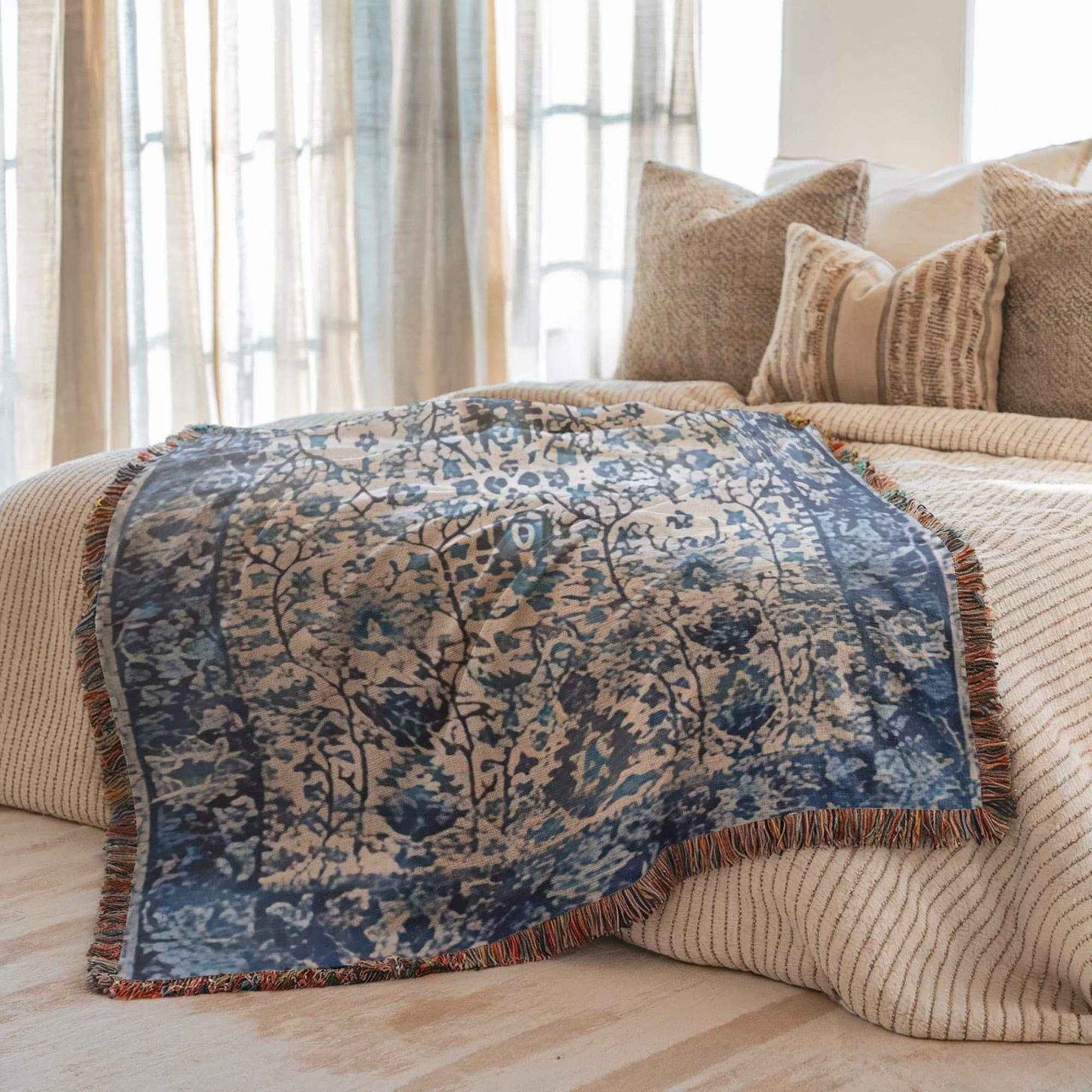 Caucasian Rug Inspired woven blanket with geometric pattern styled for layered home decor