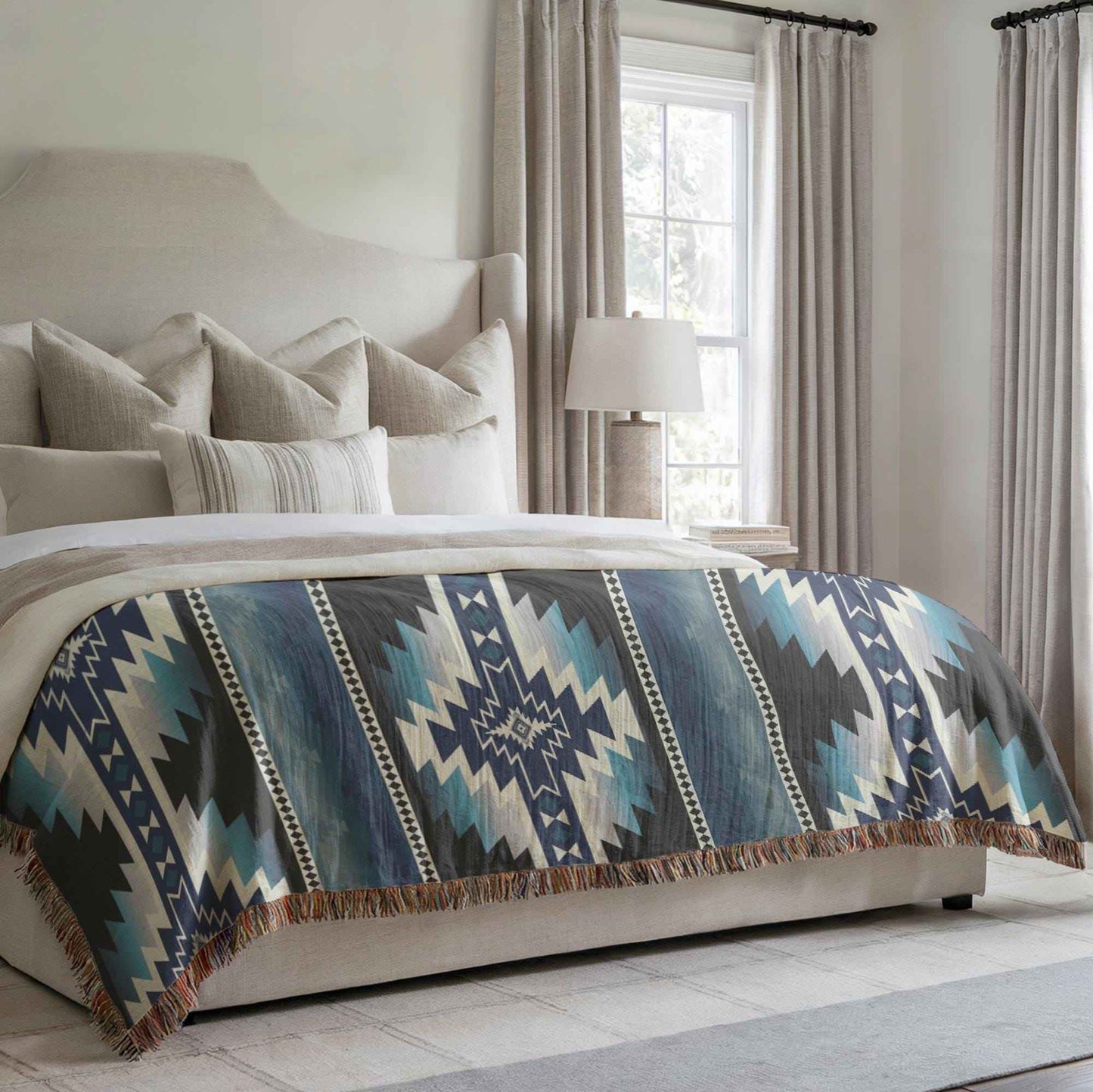 Southwestern woven blanket with geometric pattern styled for layered home decor