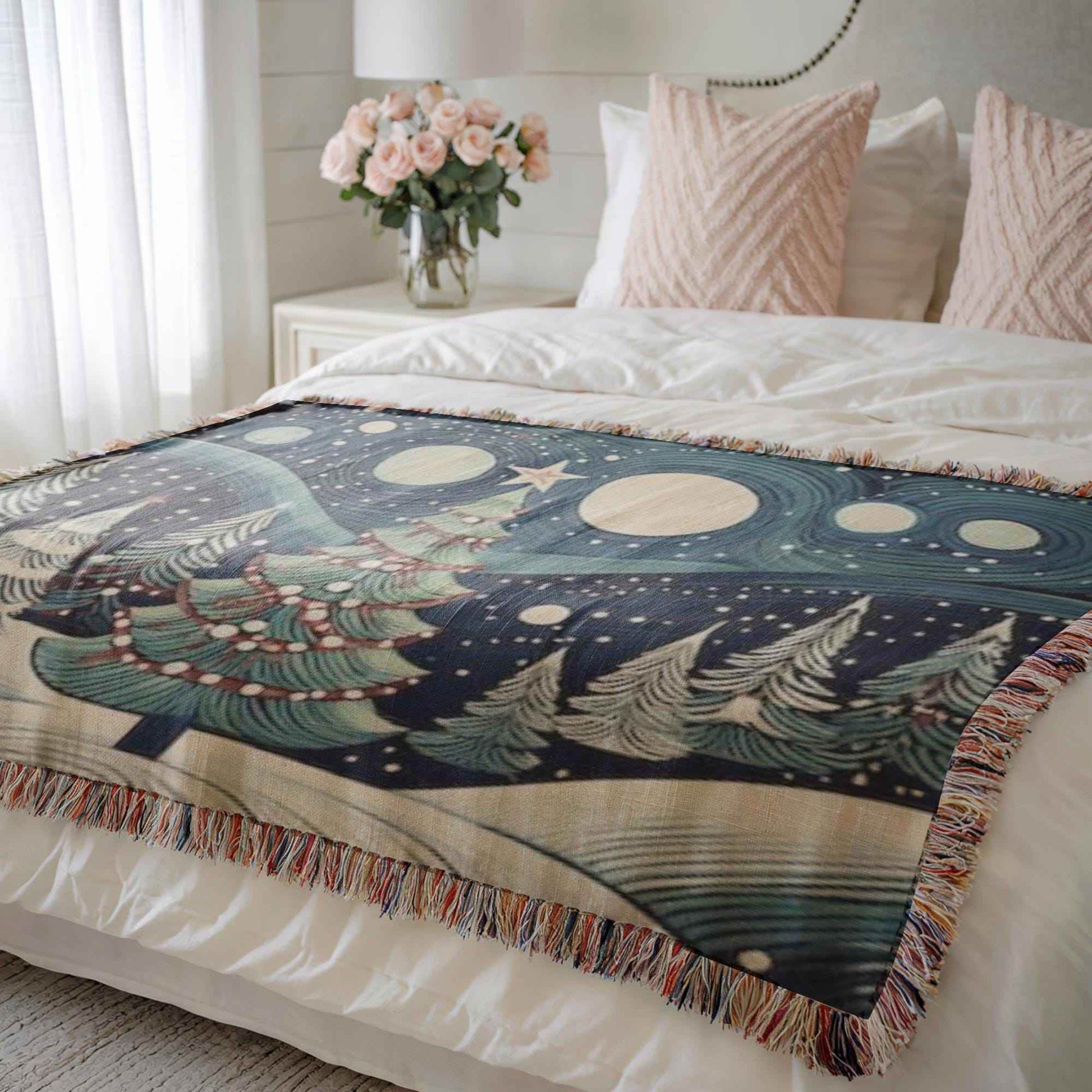 Festive Forest Blanket - Handwoven Cotton Throw With Christmas Tree Design | Cozy Winter Nights - timelessbohochic.com