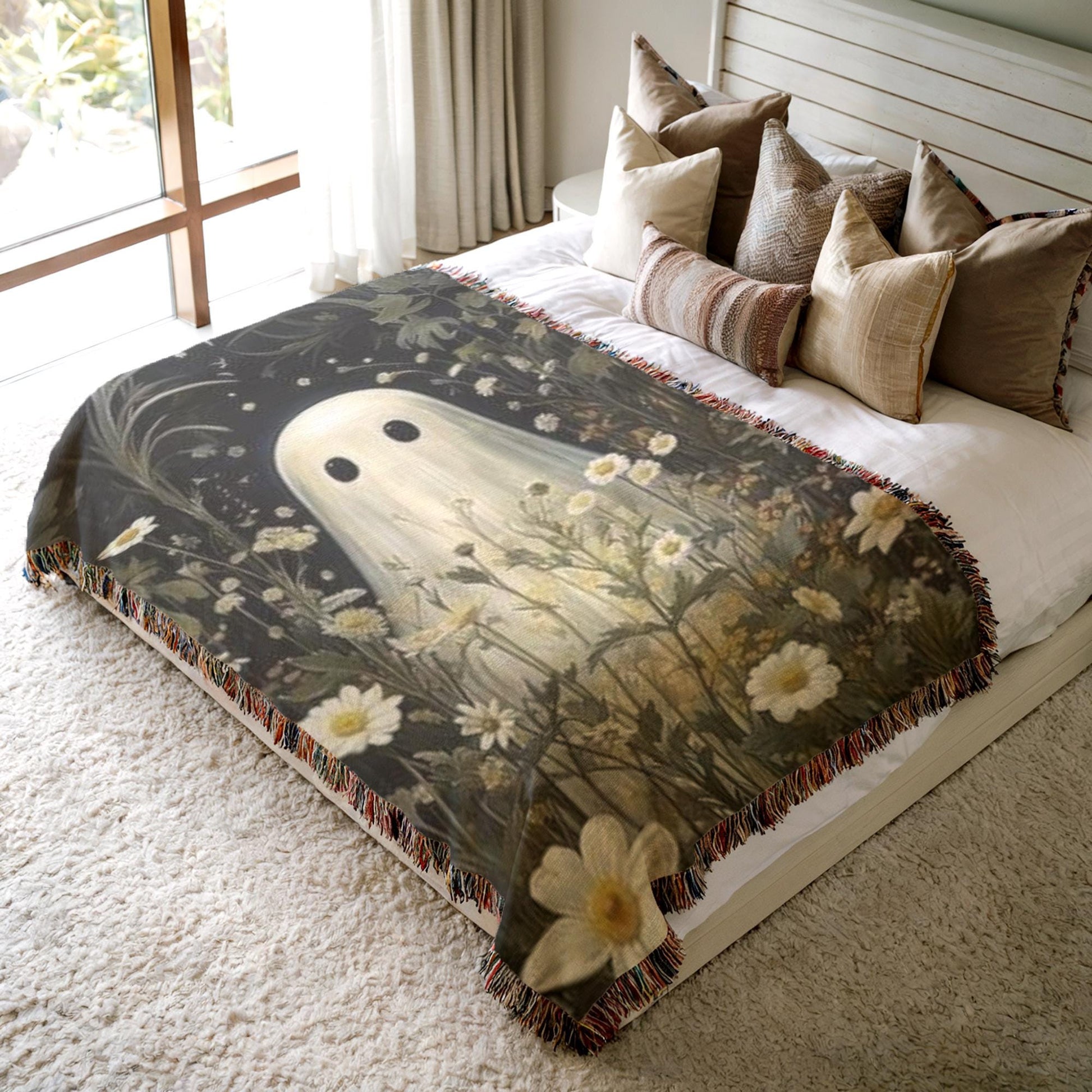 Ghost Meadow Blanket – Floral Wildflower Throw With Soft Fringed Edges