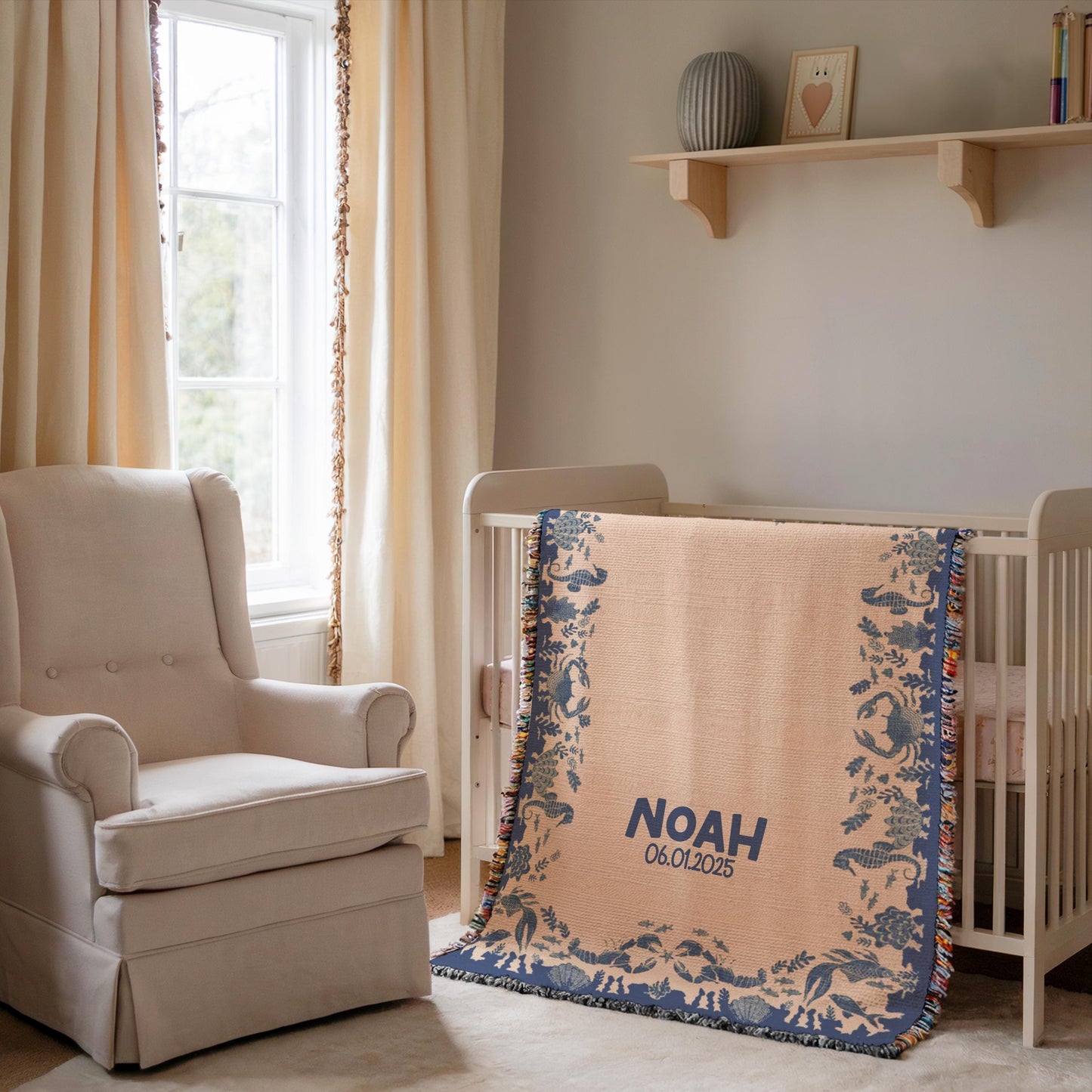 Personalized Baby Blanket - Ocean Theme Woven Throw with Name & Date, Custom Cotton