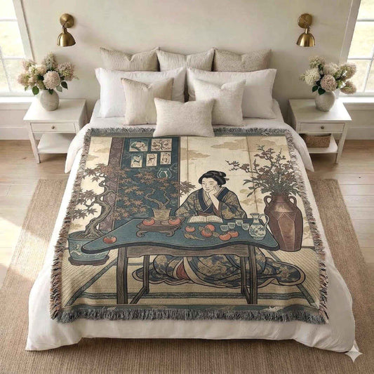 Boho woven blanket with woven pattern styled for layered home decor