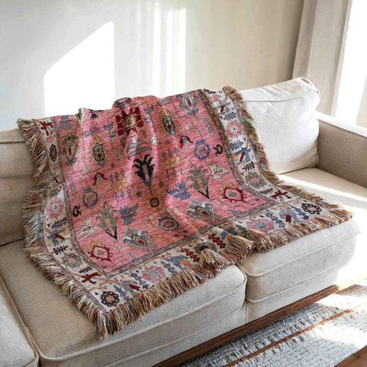 Anatolian Inspired woven blanket with rug-style pattern styled for layered home decor