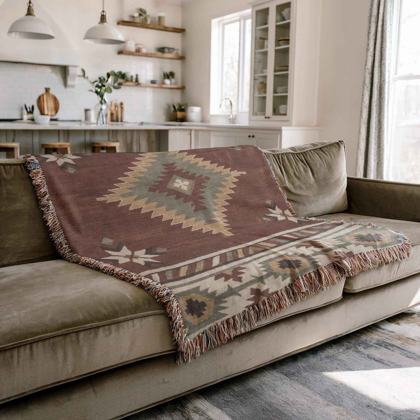 Southwestern woven blanket with geometric pattern styled for layered home decor