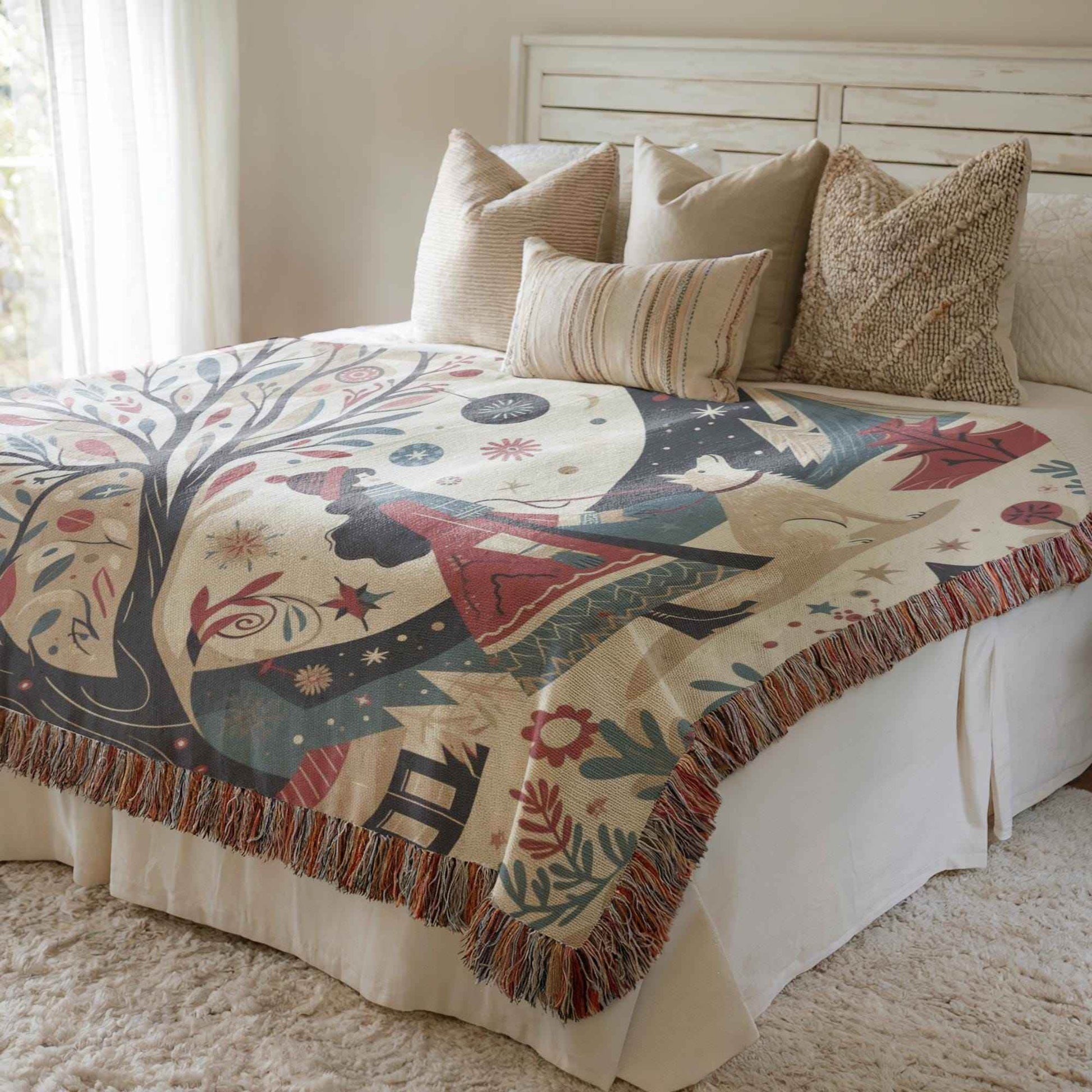 Cozy Cotton Blanket – Holiday Bedding With Winter Village Throw & Folk Art Design - timelessbohochic.com