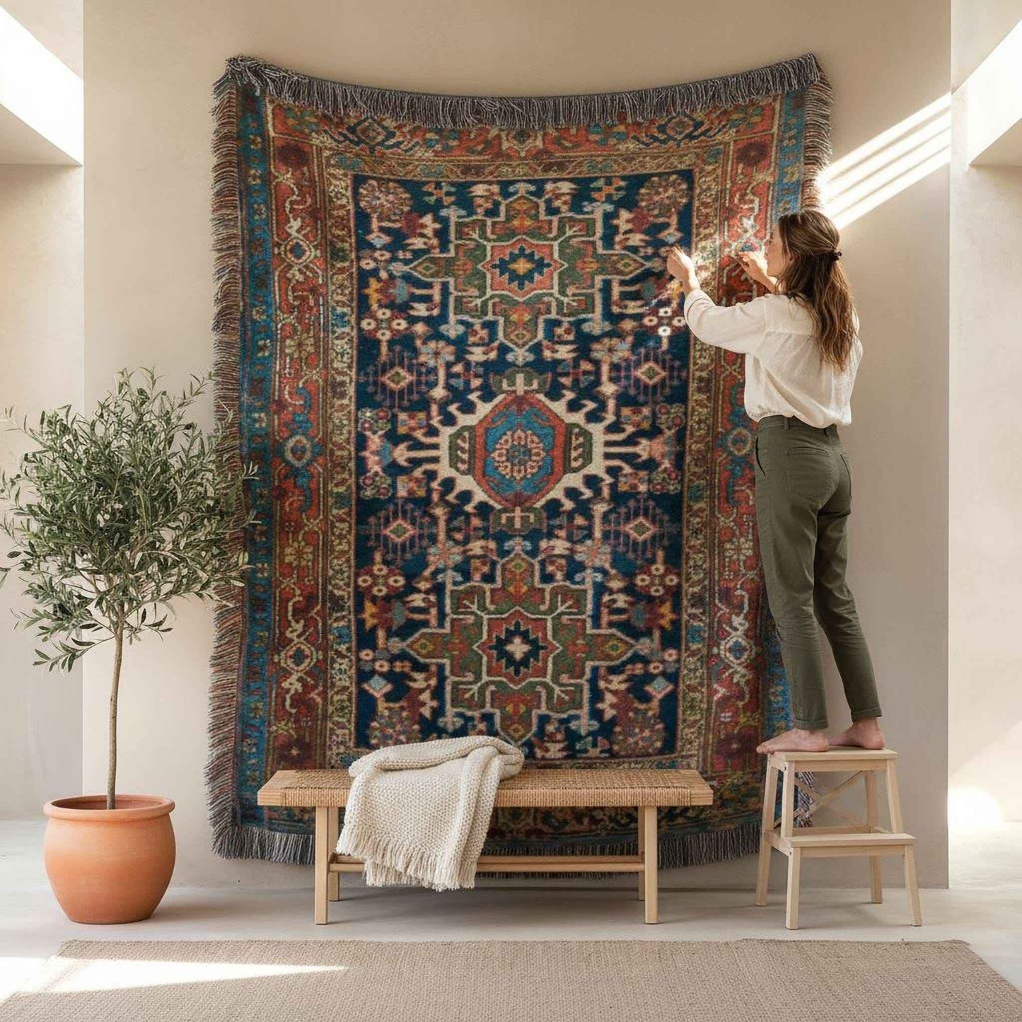 Anatolian Inspired woven wall tapestry with rug-style pattern styled as textile wall decor