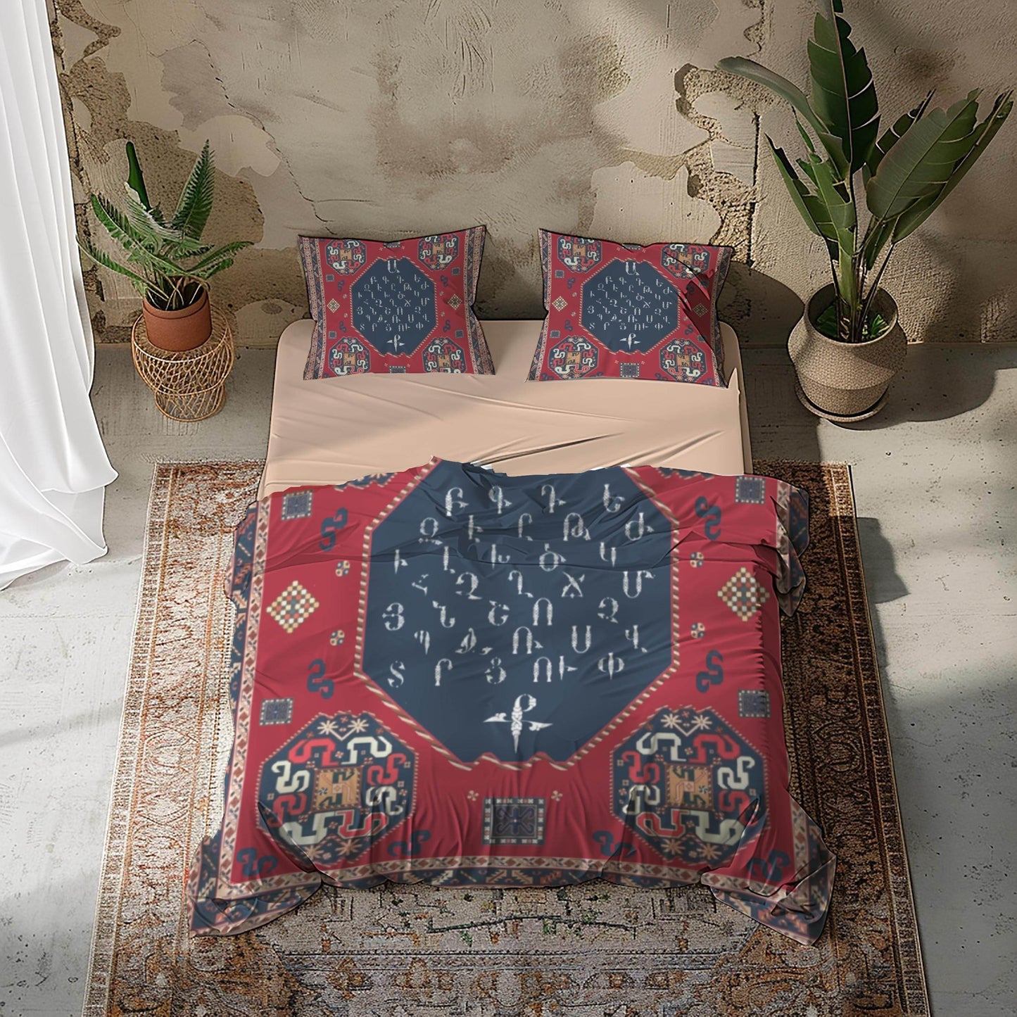 Armenian Alphabet Duvet - Personalized Traditional Bedding Set With Haykakan Ethnic Pattern - timelessbohochic.com