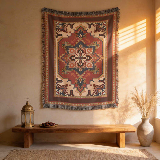 Moroccan Inspired woven wall tapestry with rug-style pattern styled as textile wall decor