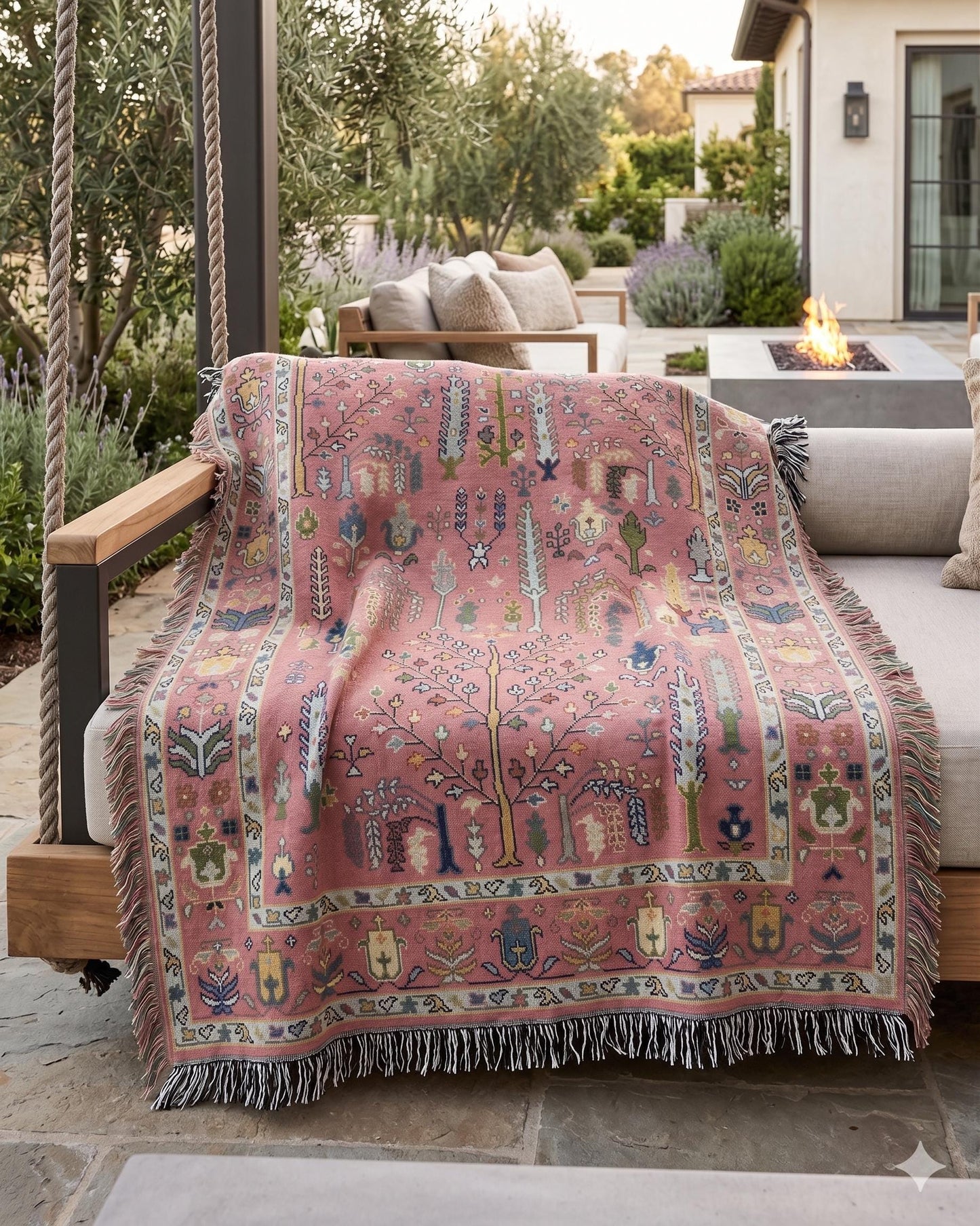 Anatolian Inspired outdoor woven throw blanket with rug-style pattern for patio styling