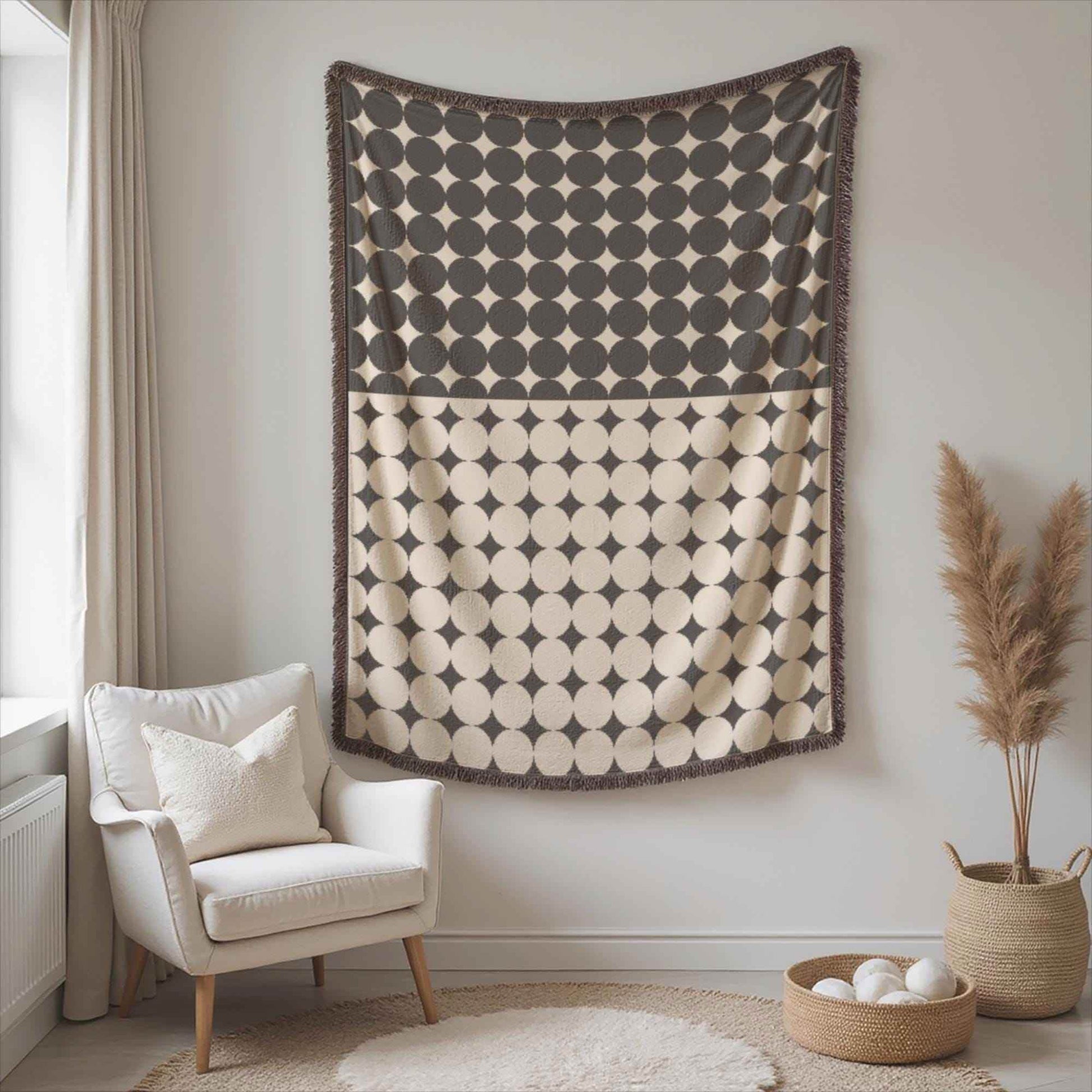 Black White Circle Blanket – Cozy Cotton Throw With Fringed Edge, Modern Geometric Design - timelessbohochic.com