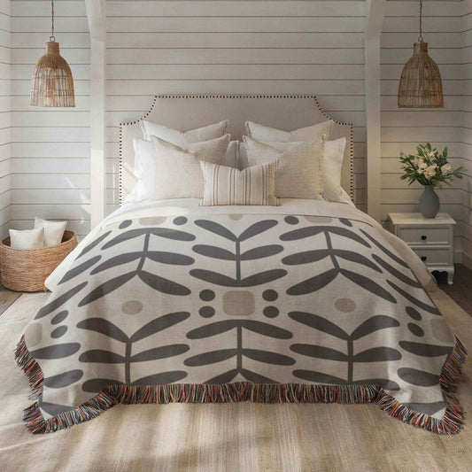 Scandinavian Woven Blanket - Cotton Throw With Textured Floral Design & Fringed Edges - timelessbohochic.com