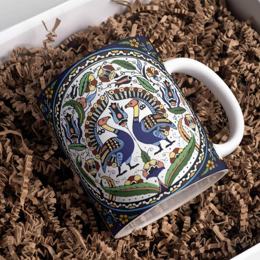 Armenian Ceramic Coffee Mug - Handcrafted Blue Peacock Design | Microwave Safe - timelessbohochic.com