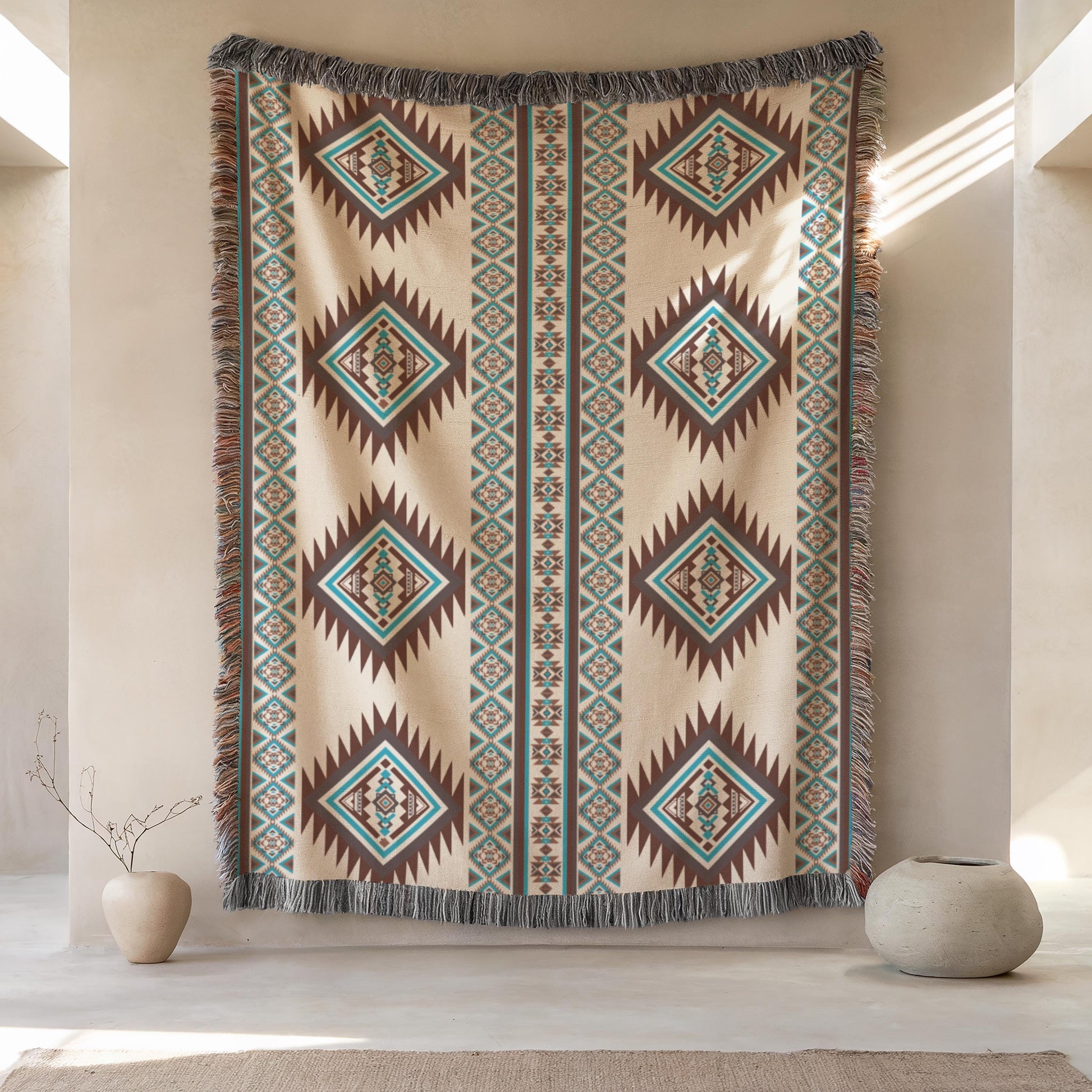 a large, colorful, patterned blanket hanging on a wall, with a beige wall and a small vase on either side of the blanket.