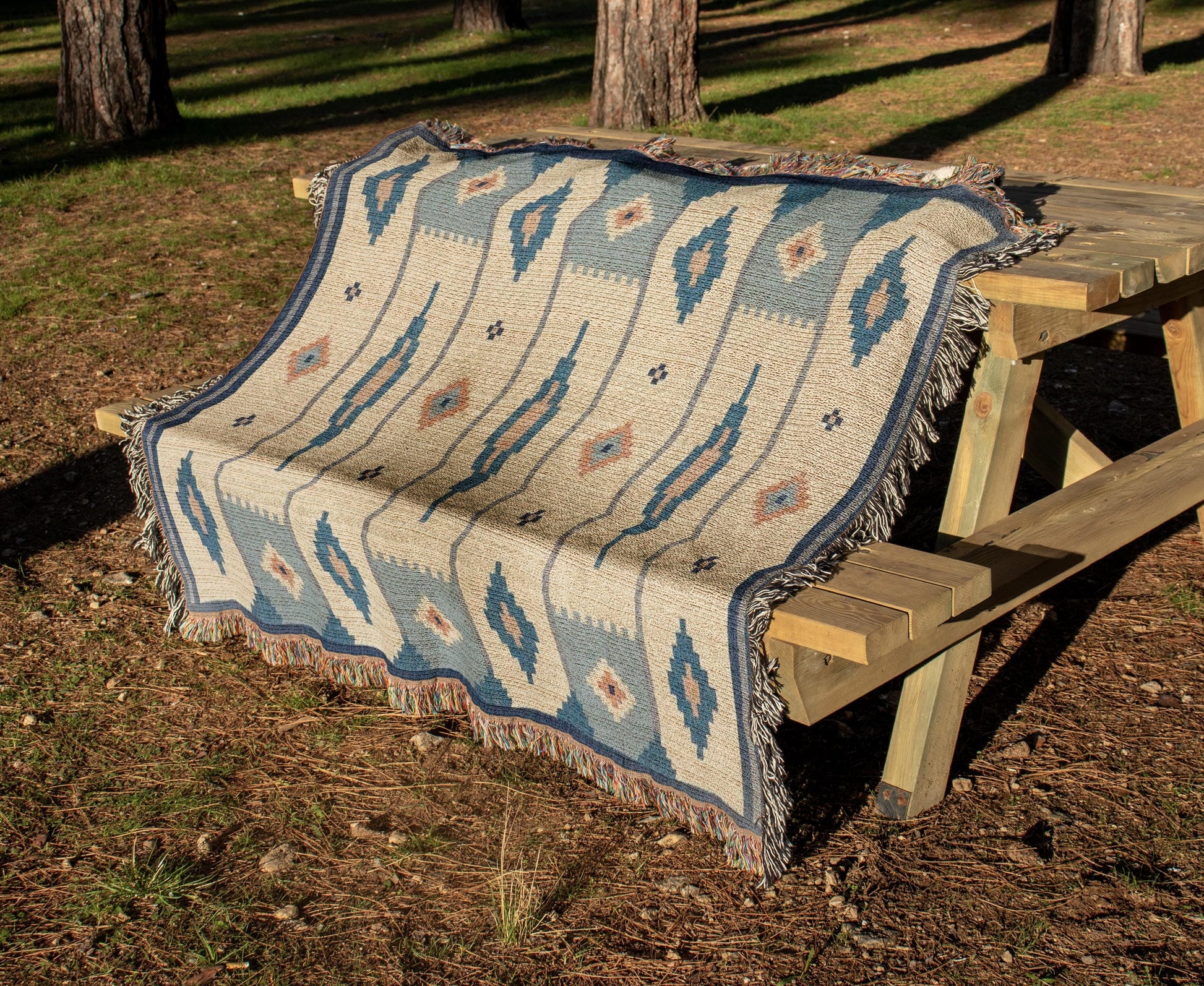 Woven Cotton Blanket – Summer Throw Blanket With Scandi Ethnic Pattern & Colorful Fringed Edges