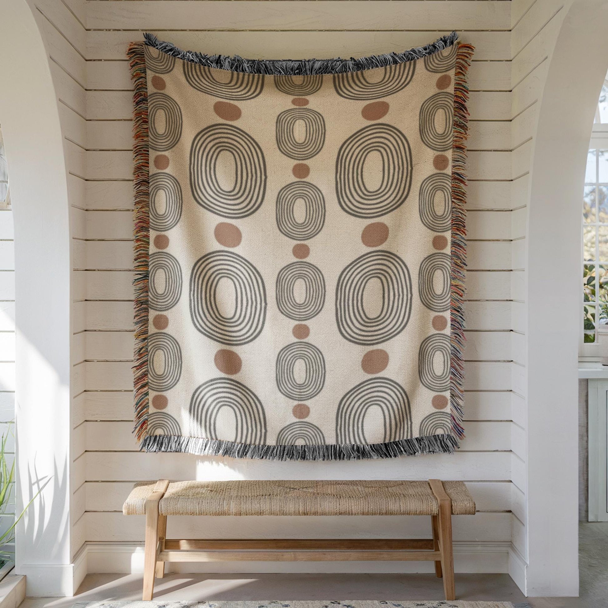 Modern Woven Blanket – Black Ovals Rust Dots | Mid Century Tapestry Throw