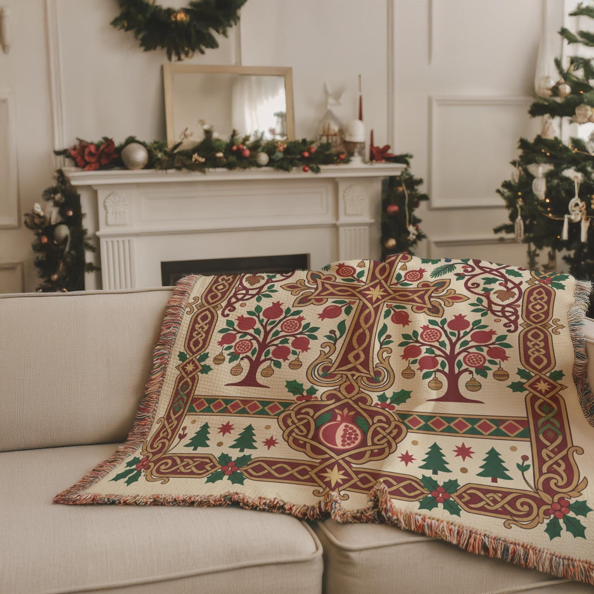 Armenian pomegranate and cross woven blanket draped over a beige sofa in a living room decorated for Christmas