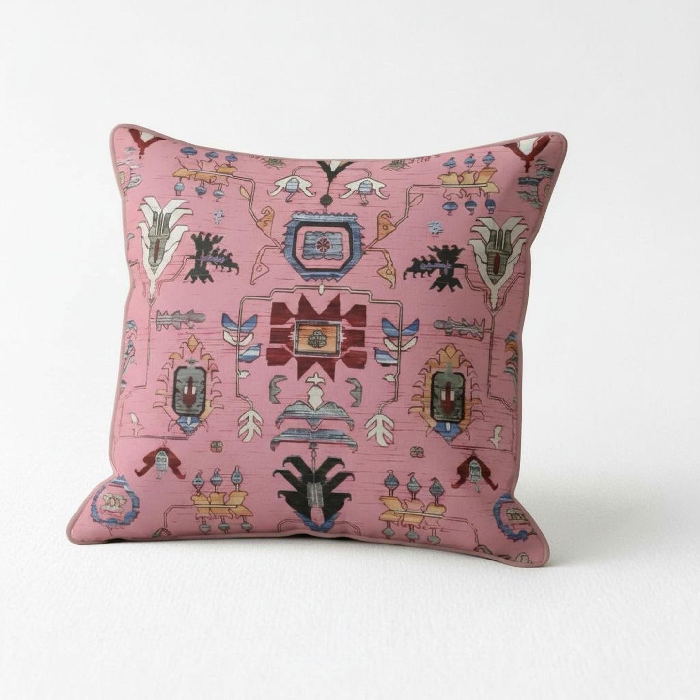 Anatolian Inspired pillow cover with rug-style pattern styled on a sofa or bed
