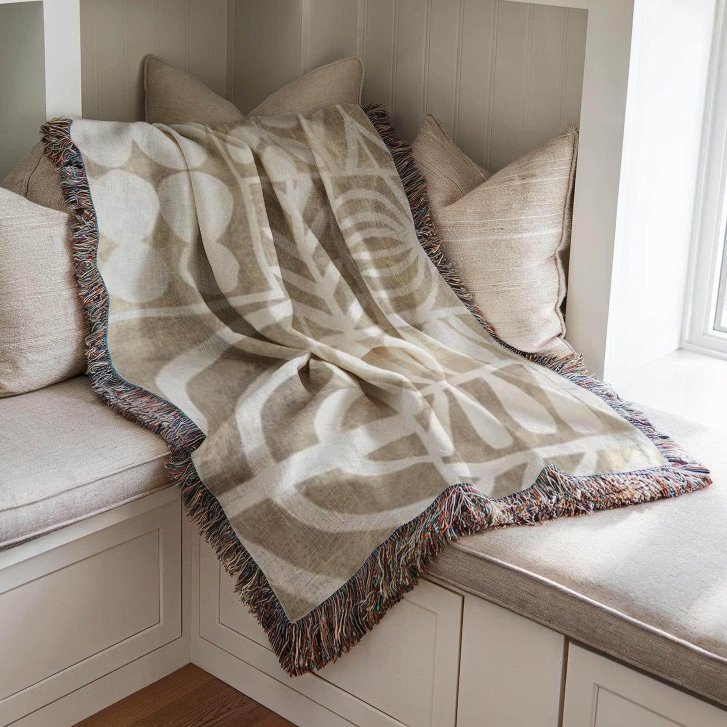 Modern Geometric woven wall tapestry with geometric pattern styled as textile wall decor
