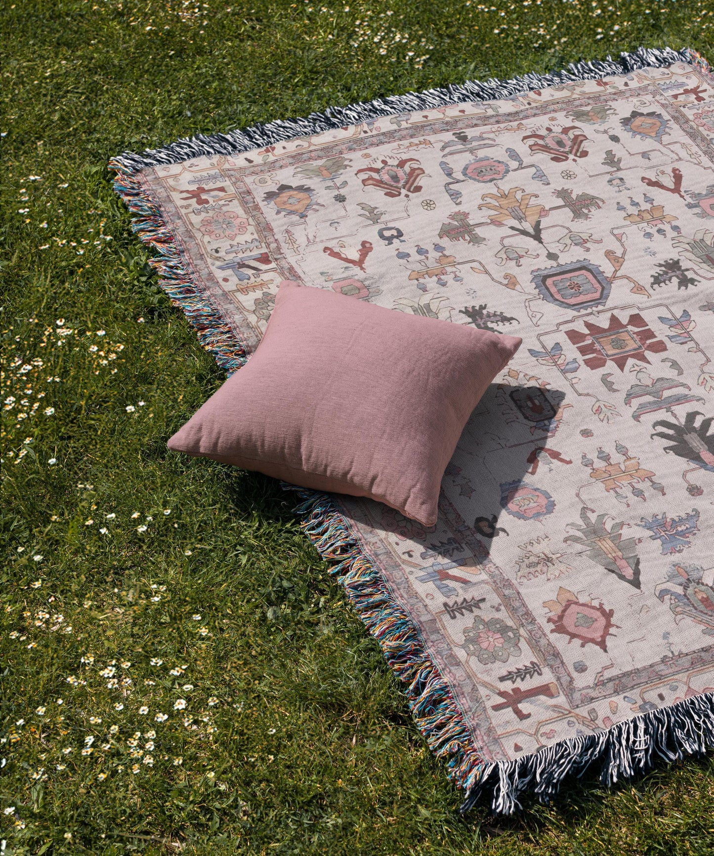 Anatolian Inspired woven blanket with rug-style pattern styled for layered home decor