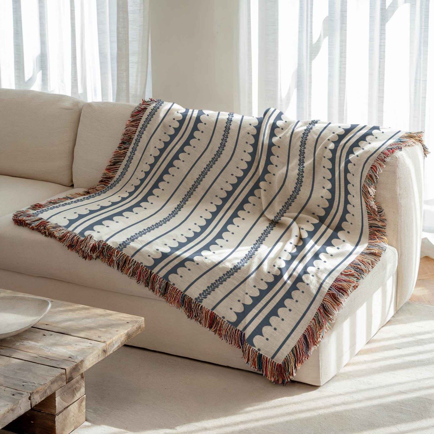 Modern Geometric woven blanket with geometric pattern styled for layered home decor
