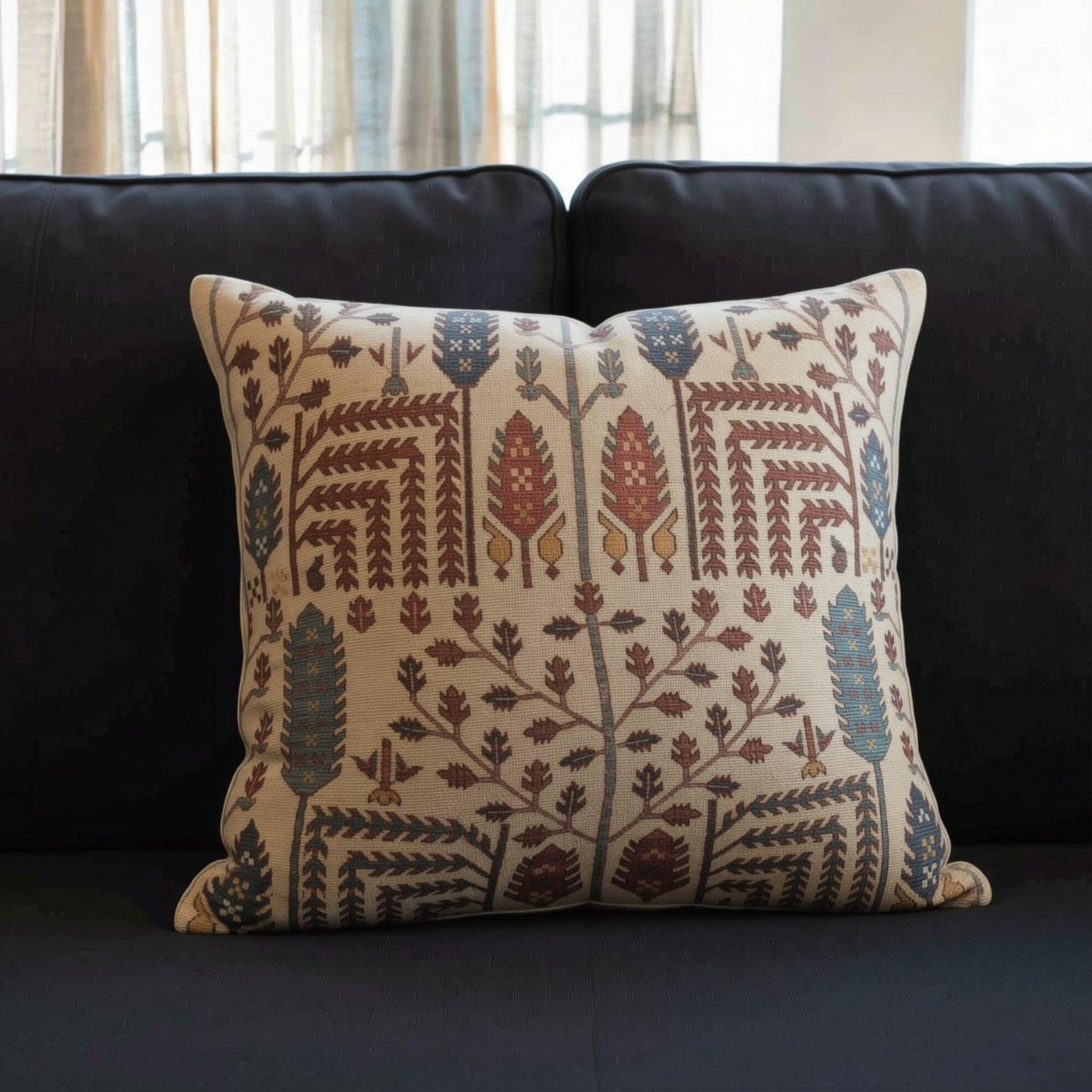 Anatolian Inspired woven blanket with rug-style pattern styled for layered home decor
