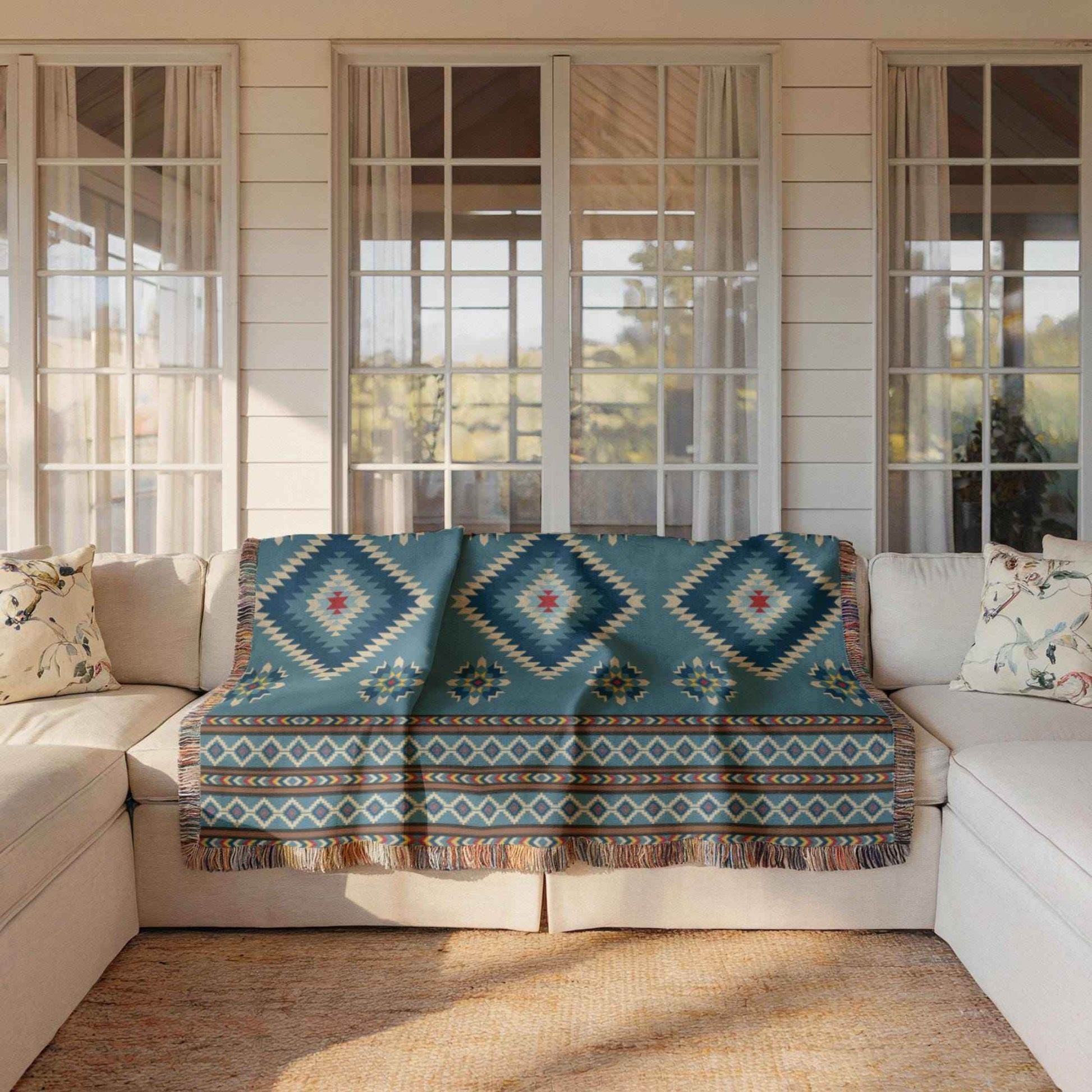 Navajo Cotton Blanket – Teal Brown Geometric Picnic Rug with Fringed Edge - timelessbohochic.com