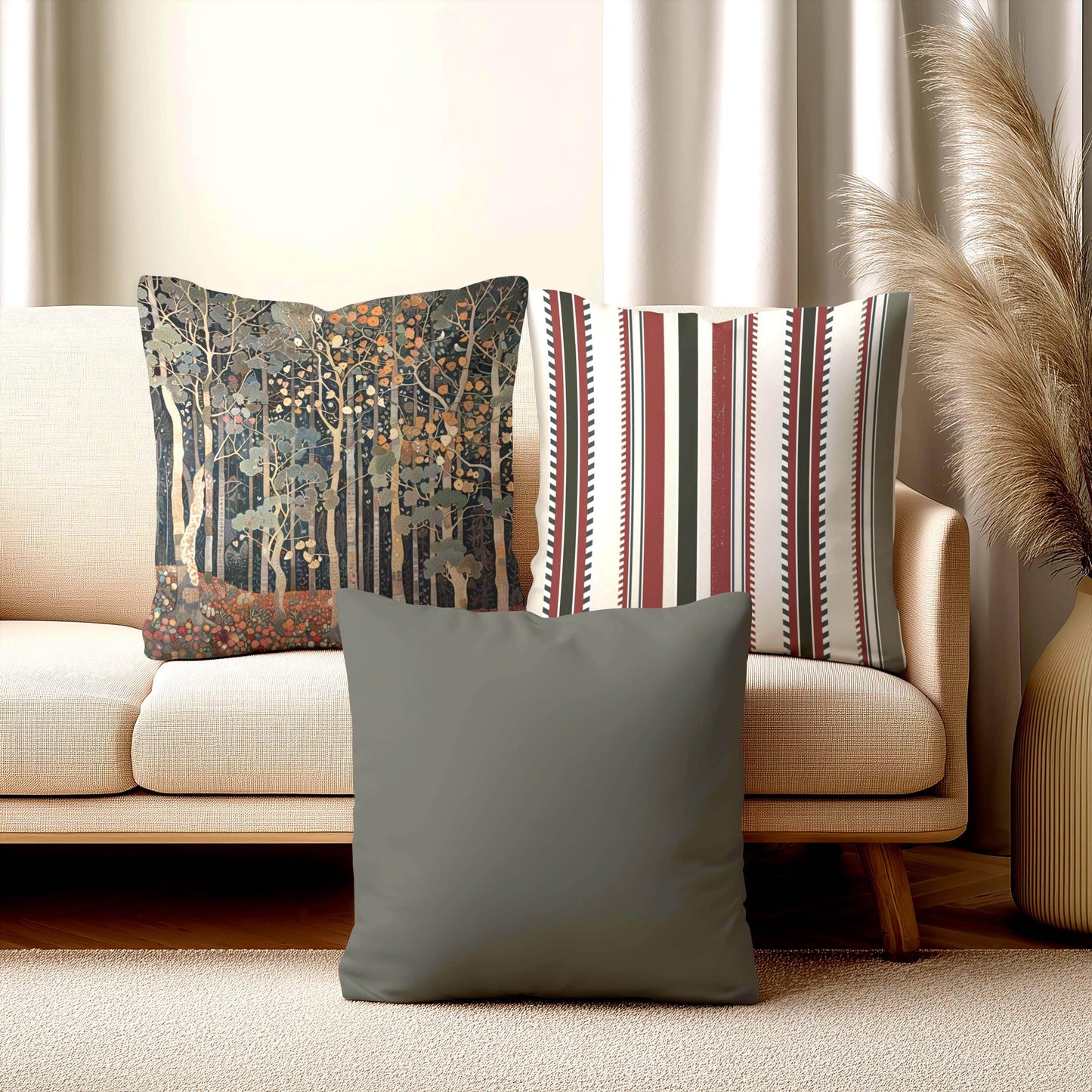 Art Deco Cushion - Retro Style Pillow with Forest Design | Woven Cotton 18x18 - timelessbohochic.com