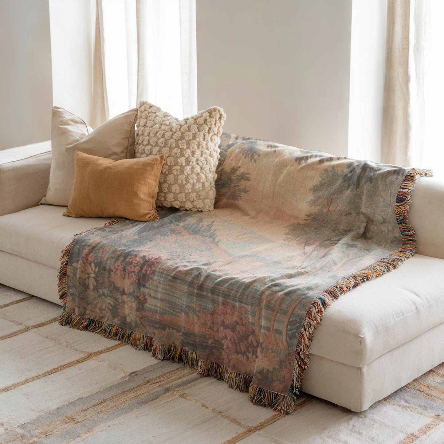 Modern Geometric woven blanket with geometric pattern styled for layered home decor