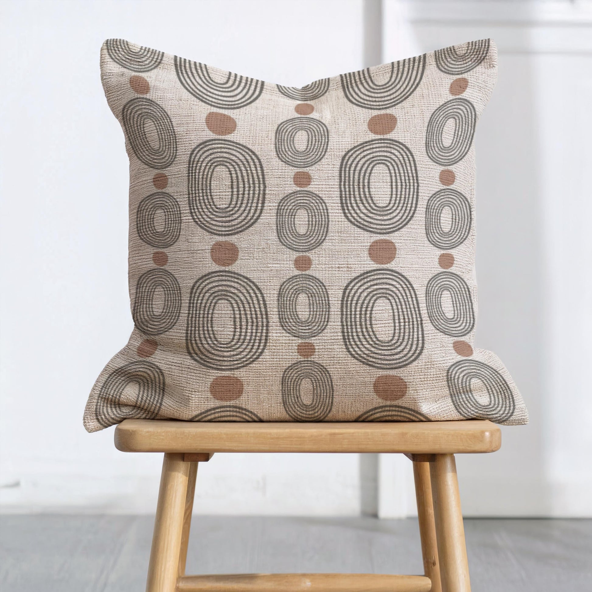 Woven Decorative Pillow - Modern Boho Throw Pillow with Black Ovals & Rust Dots