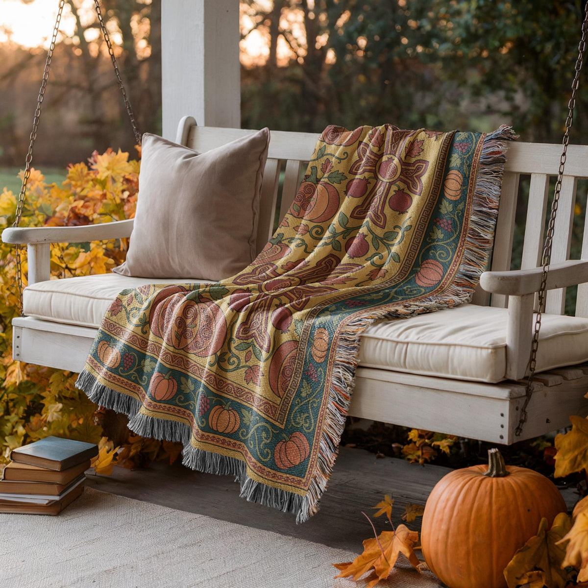 Gold and teal Armenian Ghapama woven cotton blanket draped over a porch swing