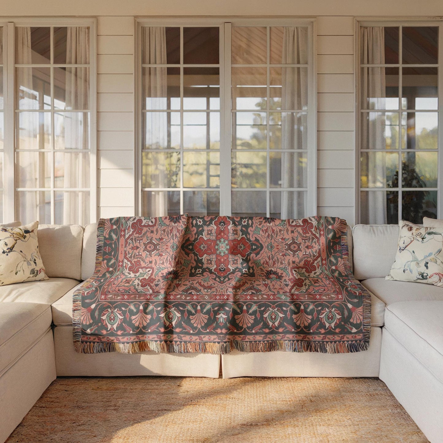 Anatolian Inspired woven wall tapestry with rug-style pattern styled as textile wall decor