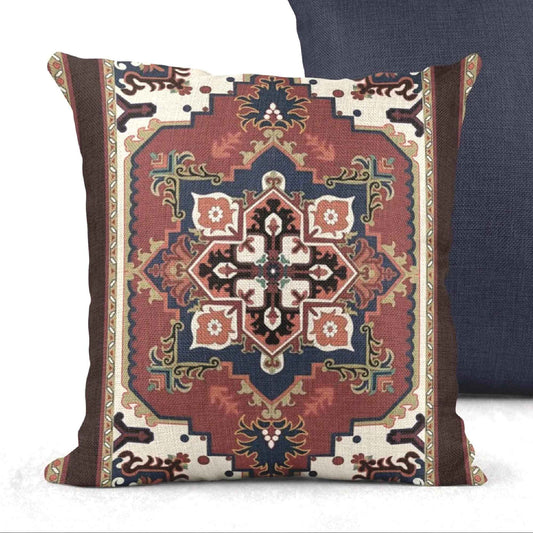 Caucasian Rug Inspired pillow cover with geometric pattern styled on a sofa or bed