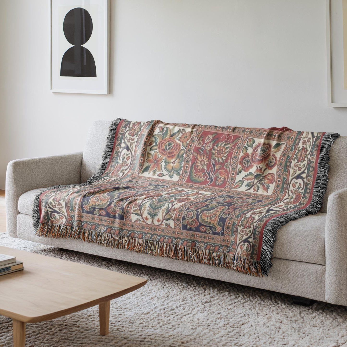 Anatolian Inspired woven blanket with floral pattern styled for layered home decor