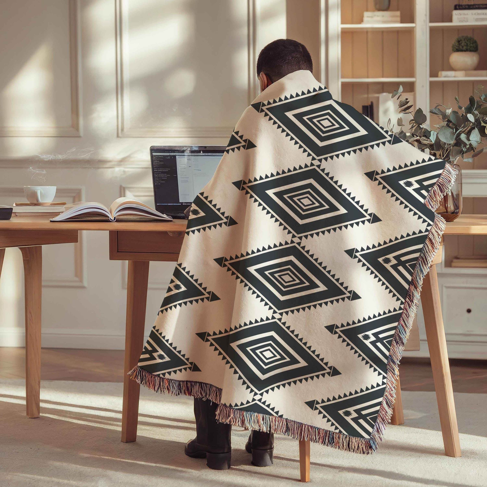 Cotton Southwestern Throw Blanket with Tribal Pattern and Fringed Edges - timelessbohochic.com