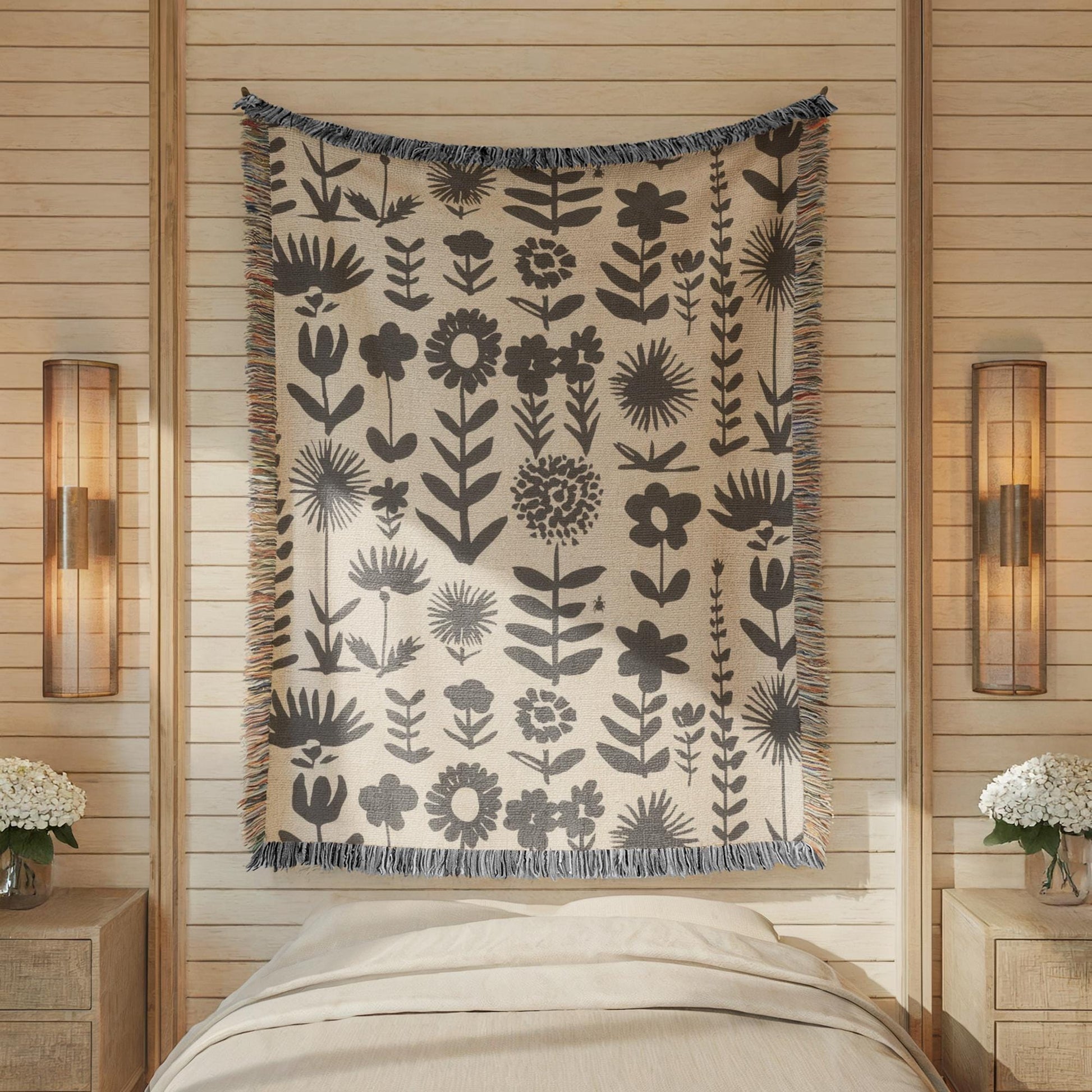 Wildflowers Meadow Throw - Cozy Cotton Blanket With Botanical Print & Colorful Fringed Edges