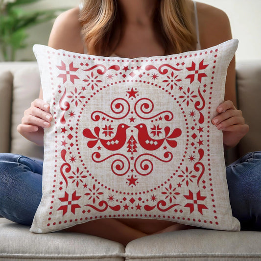 Nordic Woven Cushion - Scandinavian Throw Pillow With Rustic Red Bird Design