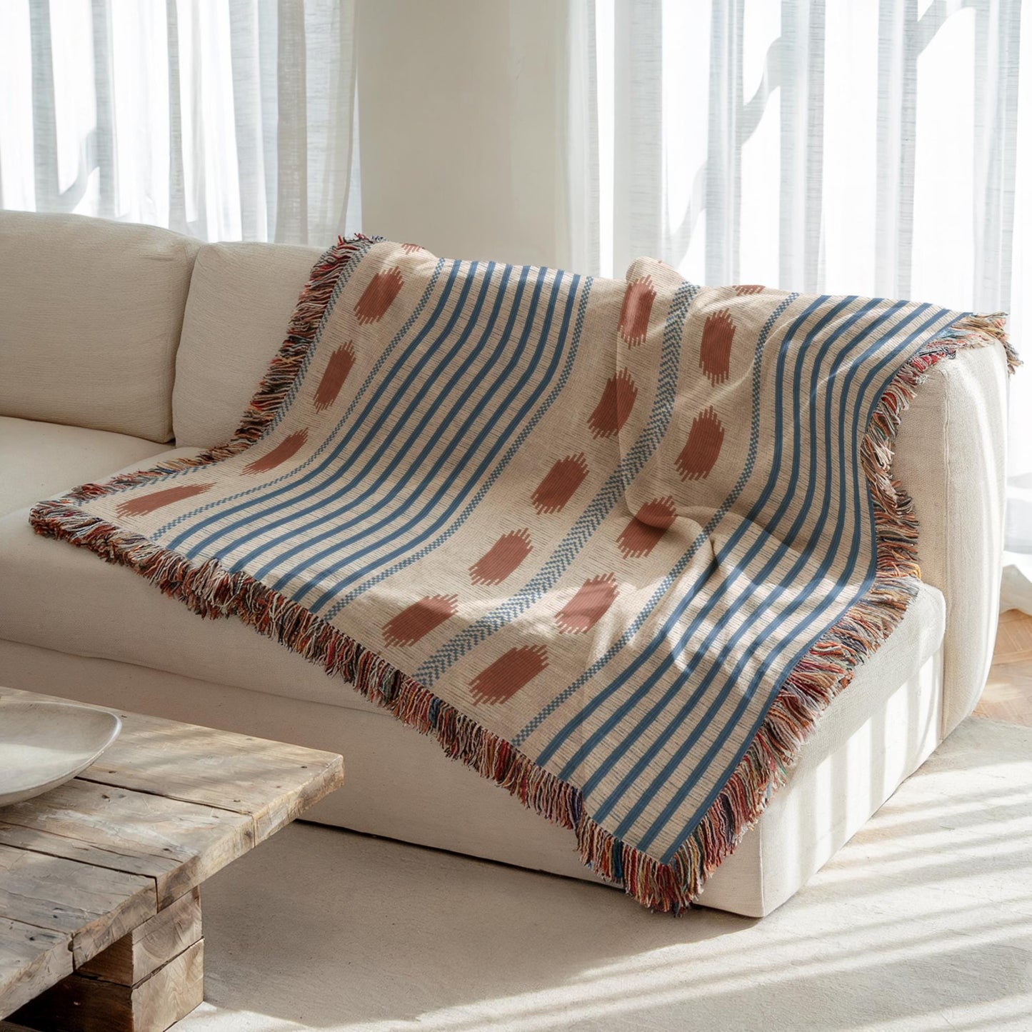 Modern Geometric outdoor woven throw blanket with geometric pattern for patio styling
