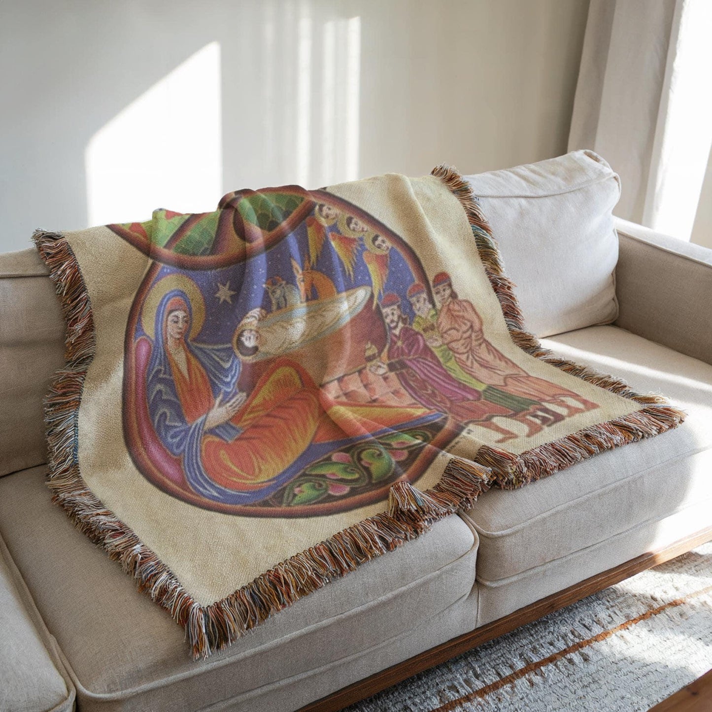 Boho woven wall tapestry with rug-style pattern styled as textile wall decor